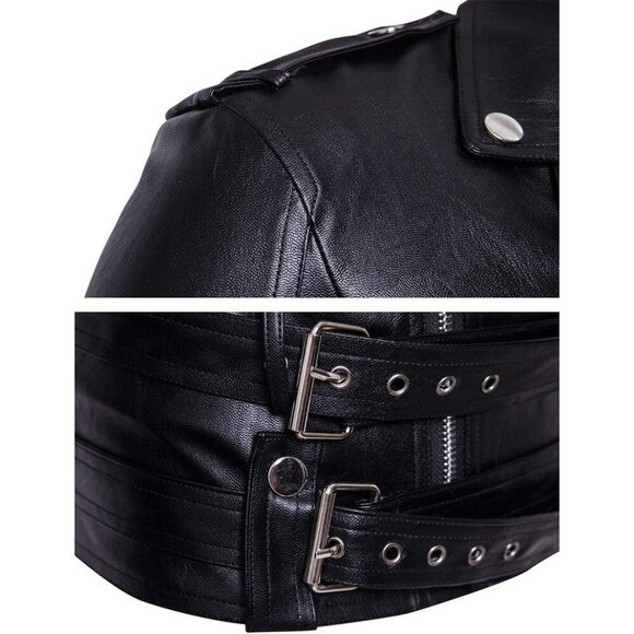 Men Black PU Leather Belted Motorcycle Jacket Zipper Biker Coat - Picture 5 of 6